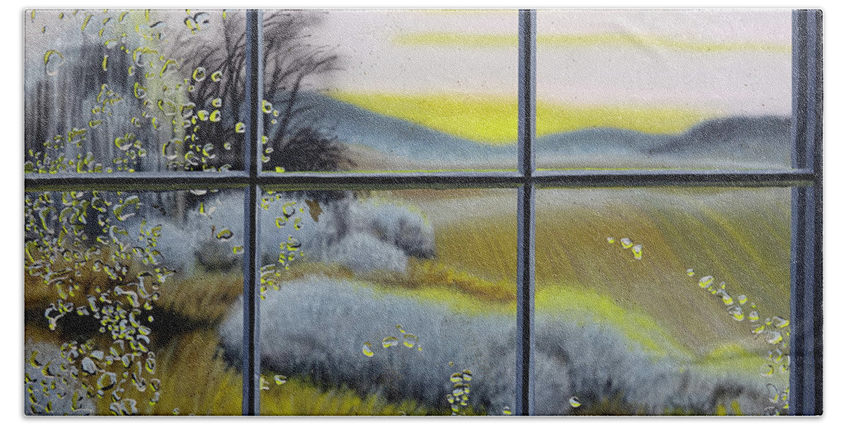 Landscape Beach Towel featuring the painting Rainy Dawn Through Barn Window by Lynn Hansen