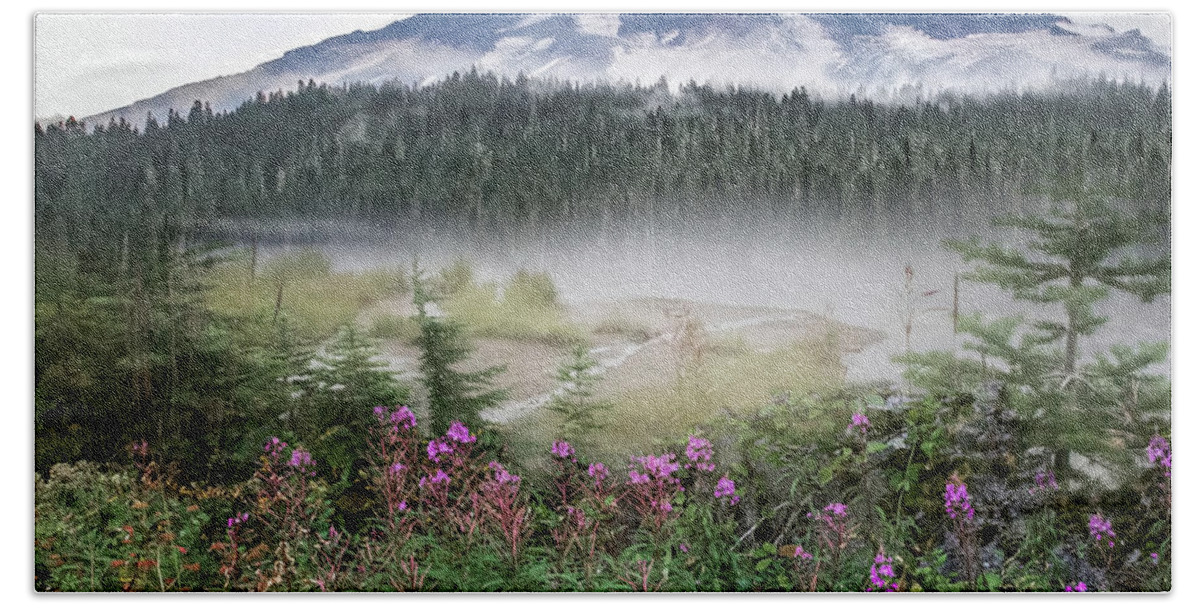 Mountain Beach Towel featuring the photograph Rainy Day at Mt. Rainier by Shara Abel