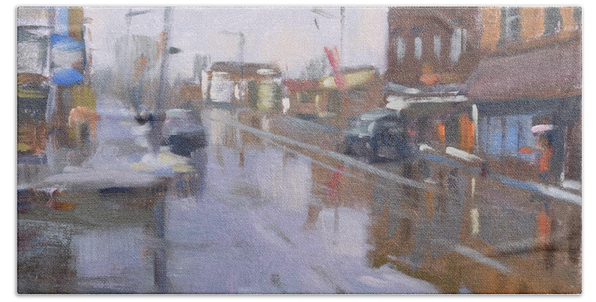 Rainy Day Beach Towel featuring the painting Rainy Day at Pine Ave by Ylli Haruni
