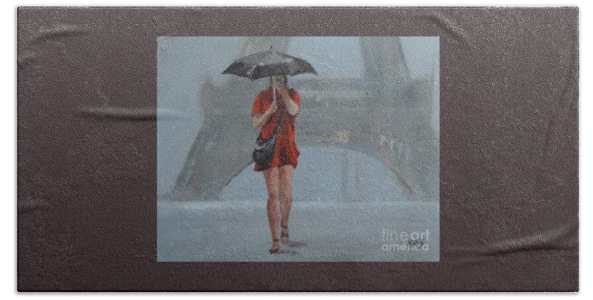 Waltmaes Beach Towel featuring the painting Rainy day in Paris by Walt Maes
