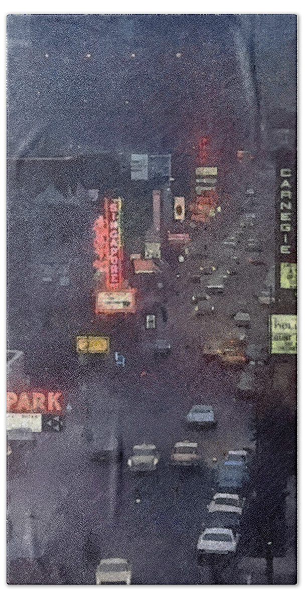 Chicago Beach Towel featuring the digital art Rainy Evening on Rush Street - Chicago 1970s by Glenn Galen