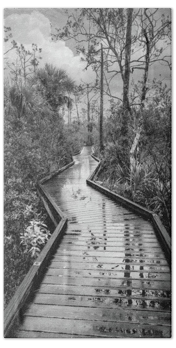 Clouds Beach Towel featuring the photograph Rainy Reflections on the Boardwalk Trail in Black and White by Debra and Dave Vanderlaan