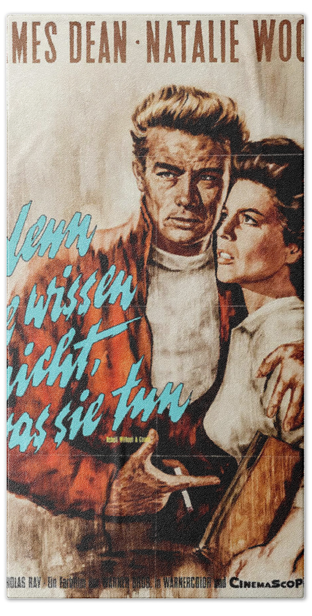 Rebel Beach Towel featuring the mixed media ''Rebel Without a Cause'', 1955 - art by Rolf Goetze by Movie World Posters