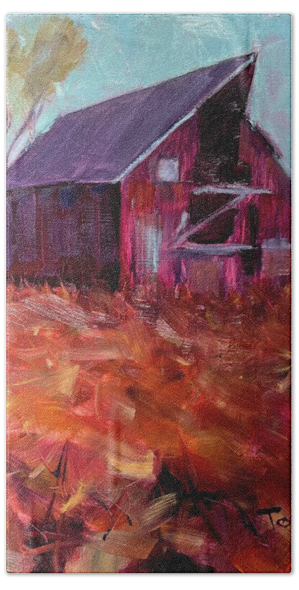Barn Beach Sheet featuring the painting Red Barn 2 by Laura Toth