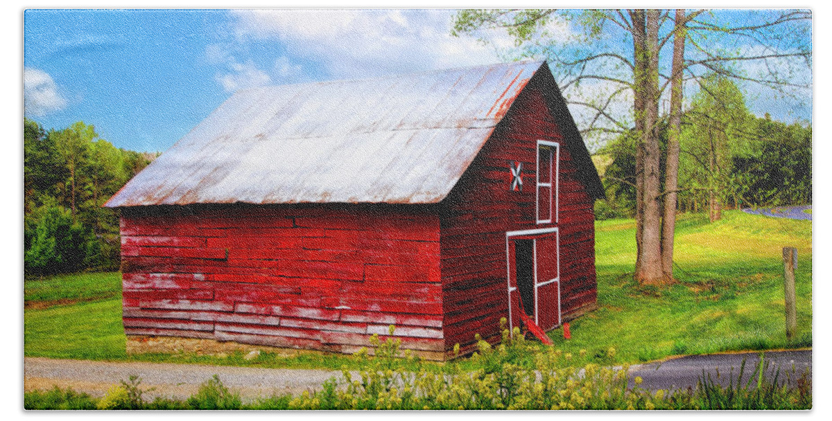 Barns Beach Towel featuring the photograph Red Barn in Wildflowers by Debra and Dave Vanderlaan