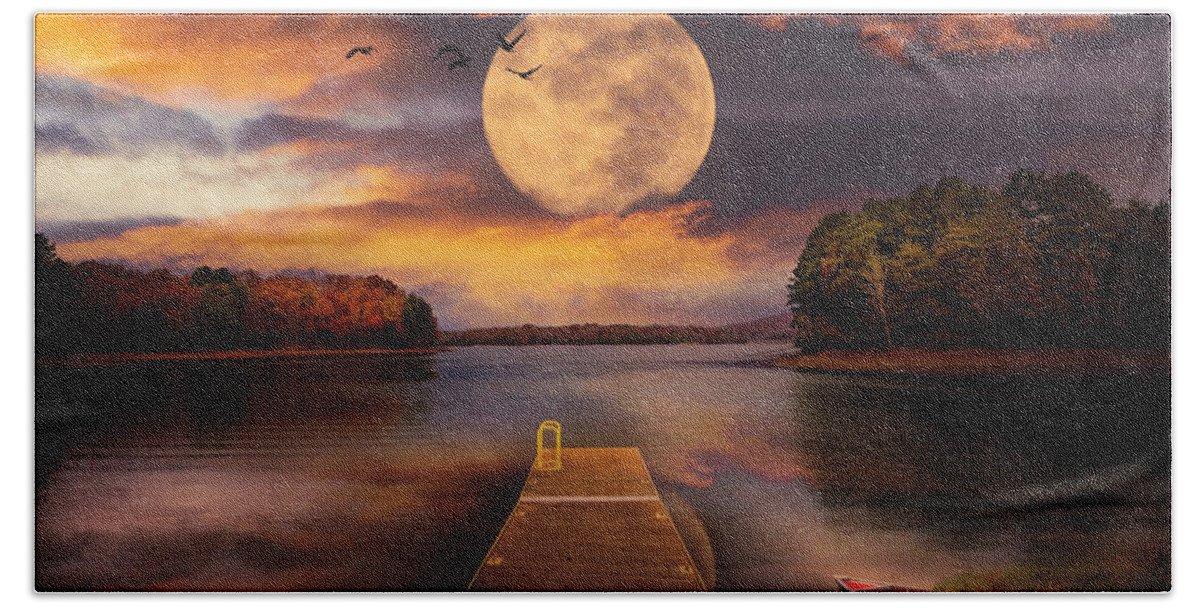Full Beach Towel featuring the photograph Red Canoe at the Moonlit Night Lake Dock by Debra and Dave Vanderlaan