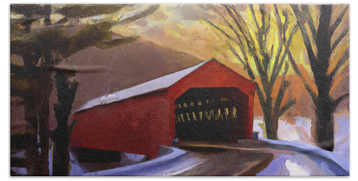 Covered Bridge Beach Towel featuring the digital art Red Covered Bridge in the Winter by Alison Frank