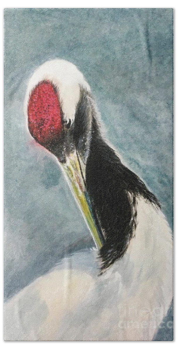 Red-crowned Crane Beach Towel featuring the painting Red-Crown Crane - 2 Leisurely by Carmen Lam