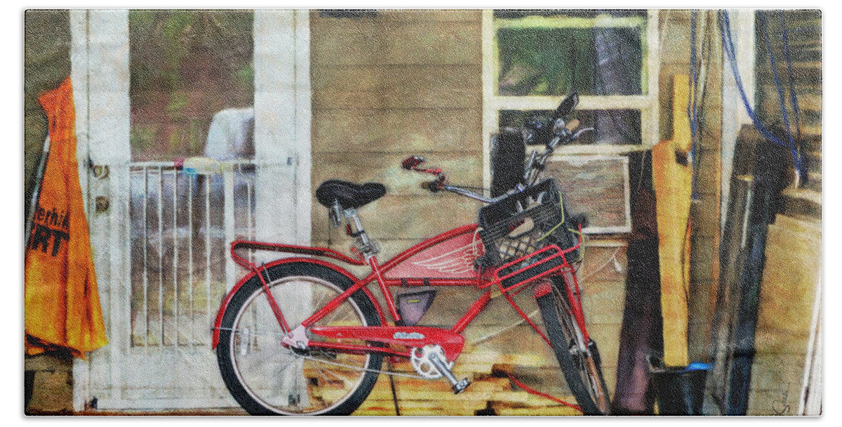 Aib_2022 #2548 Beach Towel featuring the photograph Red Electra Flyer Bicycle by Craig J Satterlee