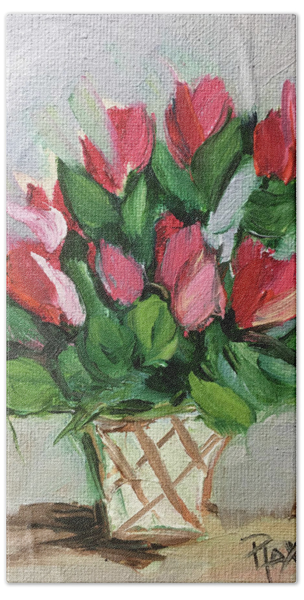 Flowers Beach Towel featuring the painting Red Flowers in a White Basket by Roxy Rich