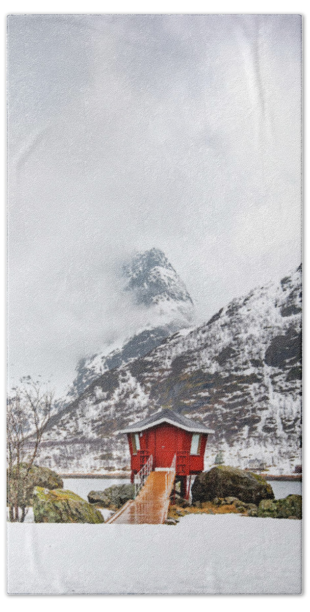 #norway #lofoten #landscape #nature #cabin #mountain #outdoor #snow Beach Towel featuring the photograph Red Hot Spot by Philippe Sainte-Laudy