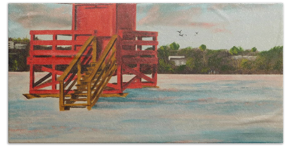 Siesta Key Beach Sheet featuring the painting Red Lifeguard Stand At Sunset On Siesta Key by Lloyd Dobson
