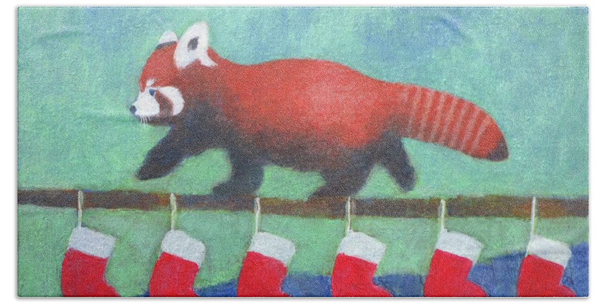 Red Panda In Christmas Beach Towel featuring the painting Red Panda in Christmas by Kazumi Whitemoon