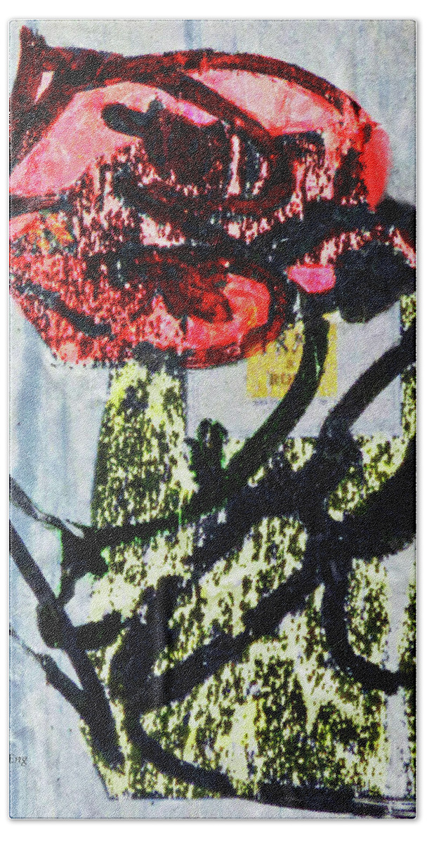 Abstract Beach Towel featuring the mixed media Red Rose Abstract 300 by Sharon Williams Eng