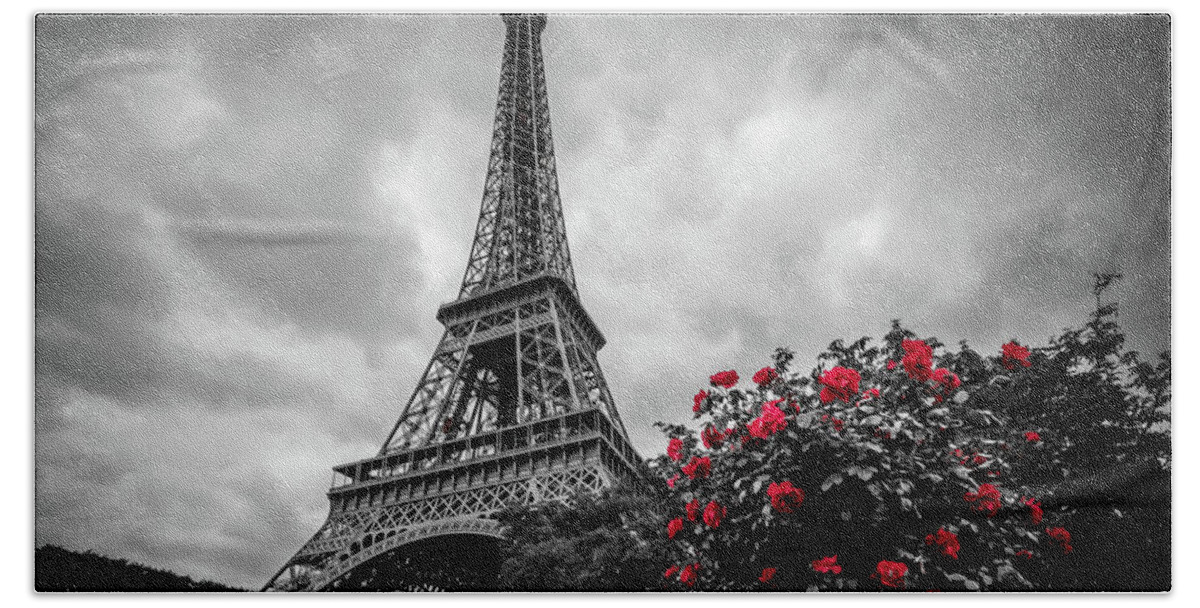 Black And White Beach Towel featuring the photograph Red Roses At Eiffel Tower Garden, Paris by Liesl Walsh