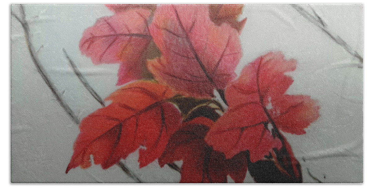Leaf Beach Towel featuring the drawing Red Sunset Maple Leaves by Terri Mills