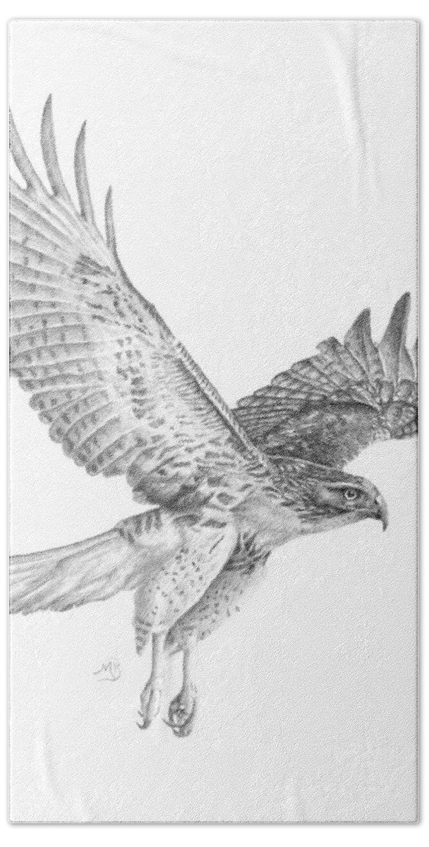 Hawk Beach Towel featuring the drawing Red Tailed Hawk in Flight by Monica Burnette