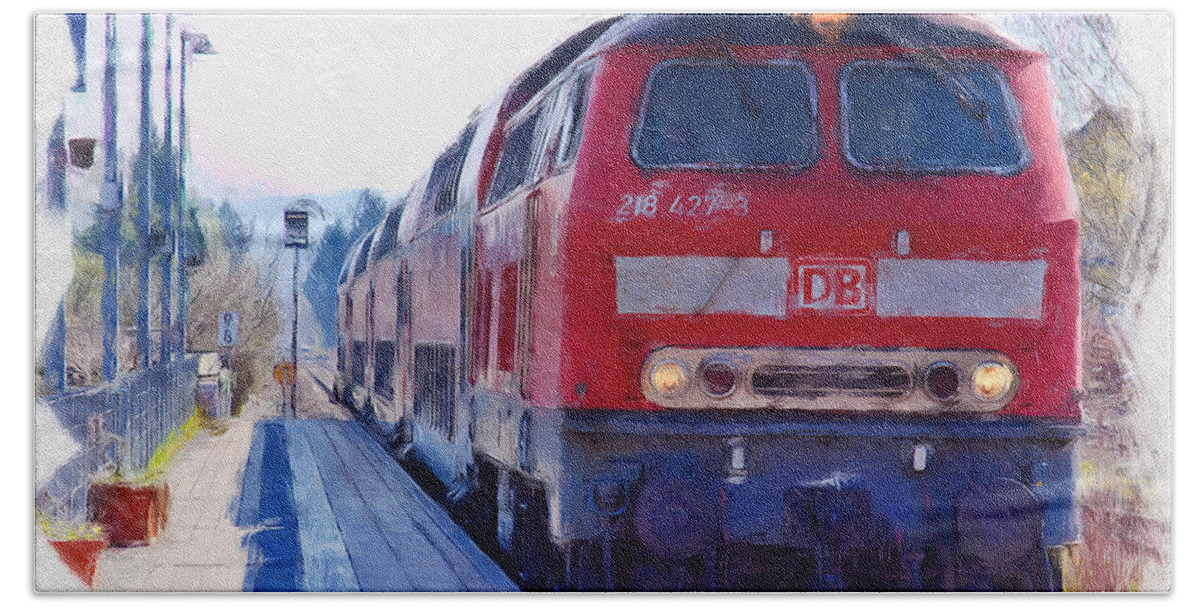 Red Train Beach Towel featuring the digital art Red train Kressbronn Germany by Tatiana Travelways