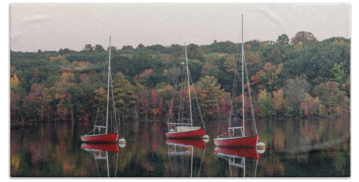 Boat Beach Towel featuring the photograph Red Trio at Dusk by Denise Kopko
