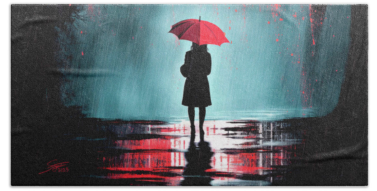 Rain Beach Towel featuring the digital art Red Umbrella by Rick Stringer