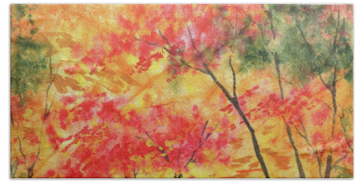 Fall Landscape Beach Towel featuring the painting Red Yellow Green Autumn Trees Watercolor by Irina Sztukowski