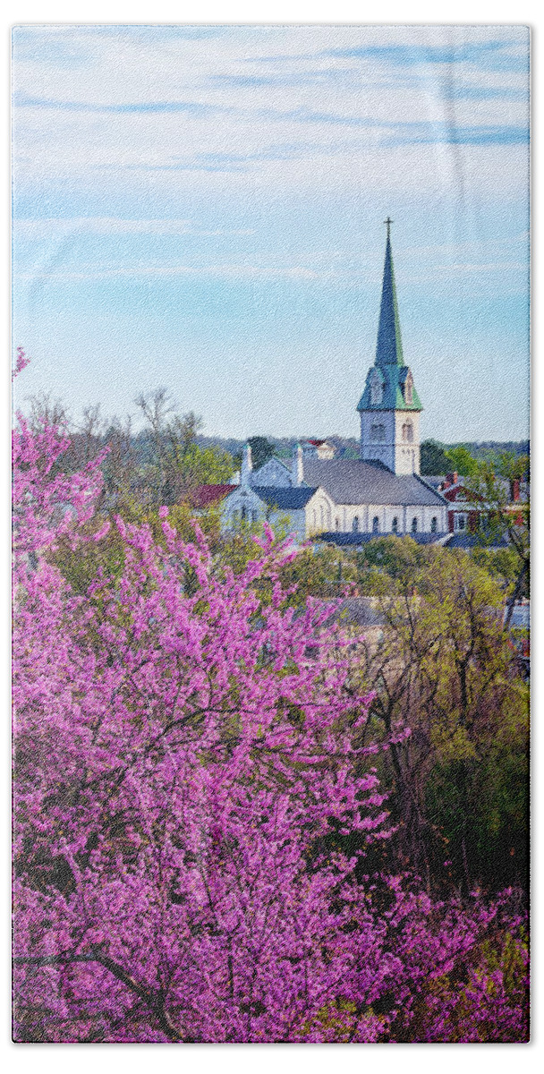 Redbud Beach Towel featuring the photograph Redbud and Steeple by C Renee Martin