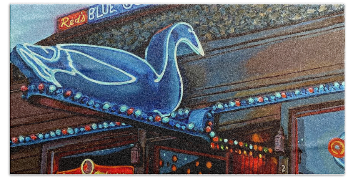 Blue Goose Saloon Beach Towel featuring the painting Reds Blue Goose Saloon by Les Herman