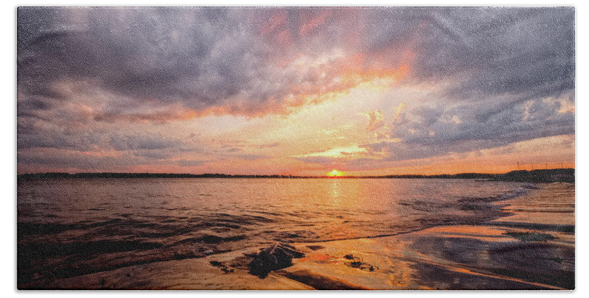Beach Beach Towel featuring the photograph Reflect The Drama, Sunset At Fort Foster Park by Jeff Sinon
