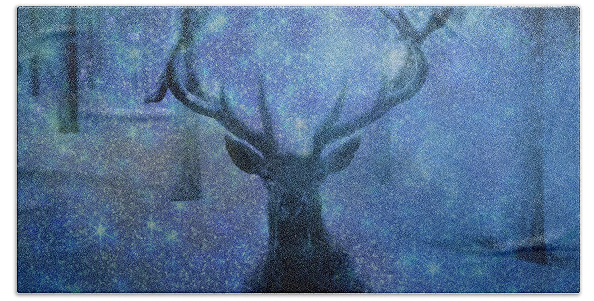 Reindeer Beach Towel featuring the mixed media Reindeer in the Snow by Ally White