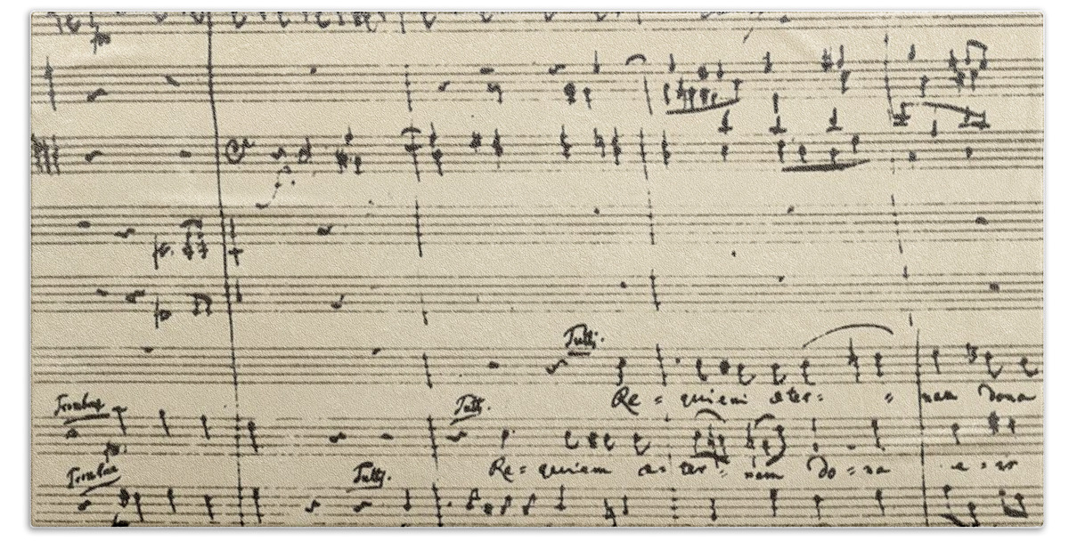1791 Beach Towel featuring the drawing Requiem Excerpt, 1791 by Wolfgang Amadeus Mozart