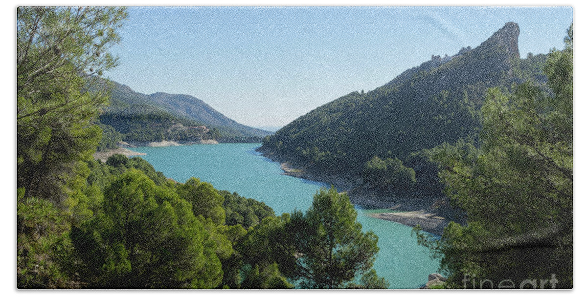 Lake Beach Towel featuring the photograph Reservoir and castle of Guadalest by Adriana Mueller