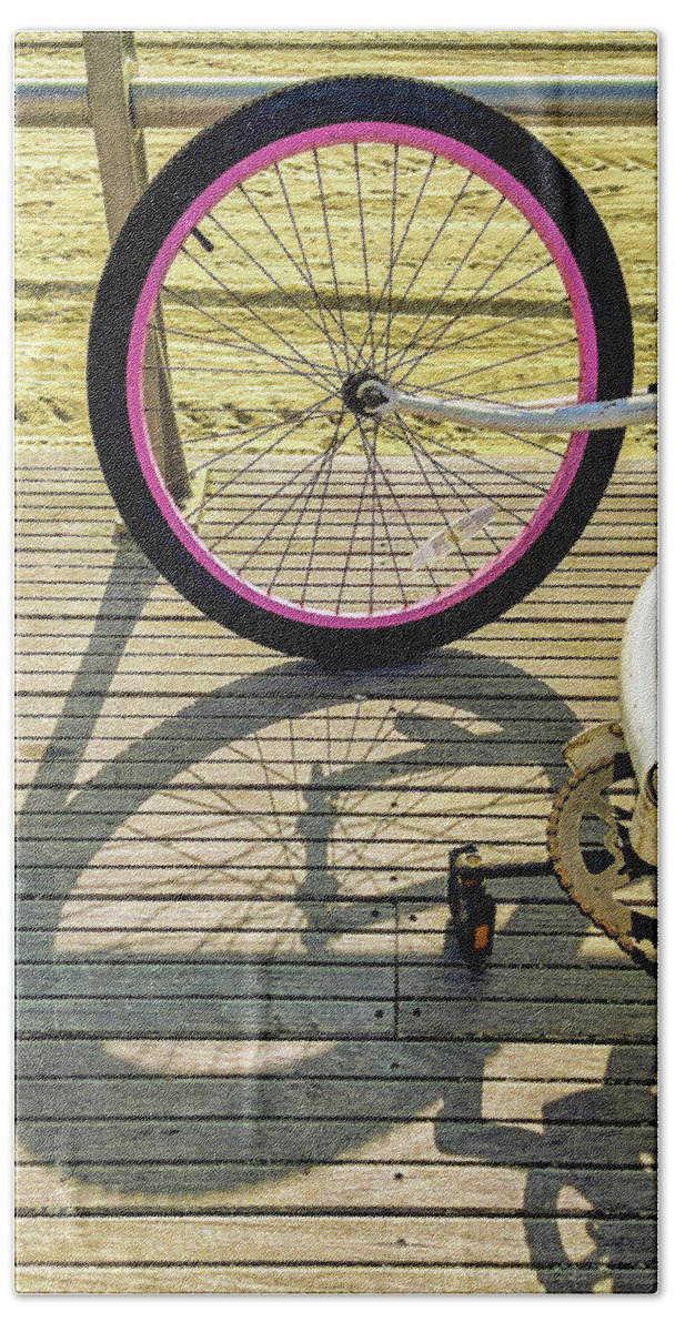 Bike Beach Towel featuring the photograph Resting Bike And Shadows On Boardwalk by Gary Slawsky