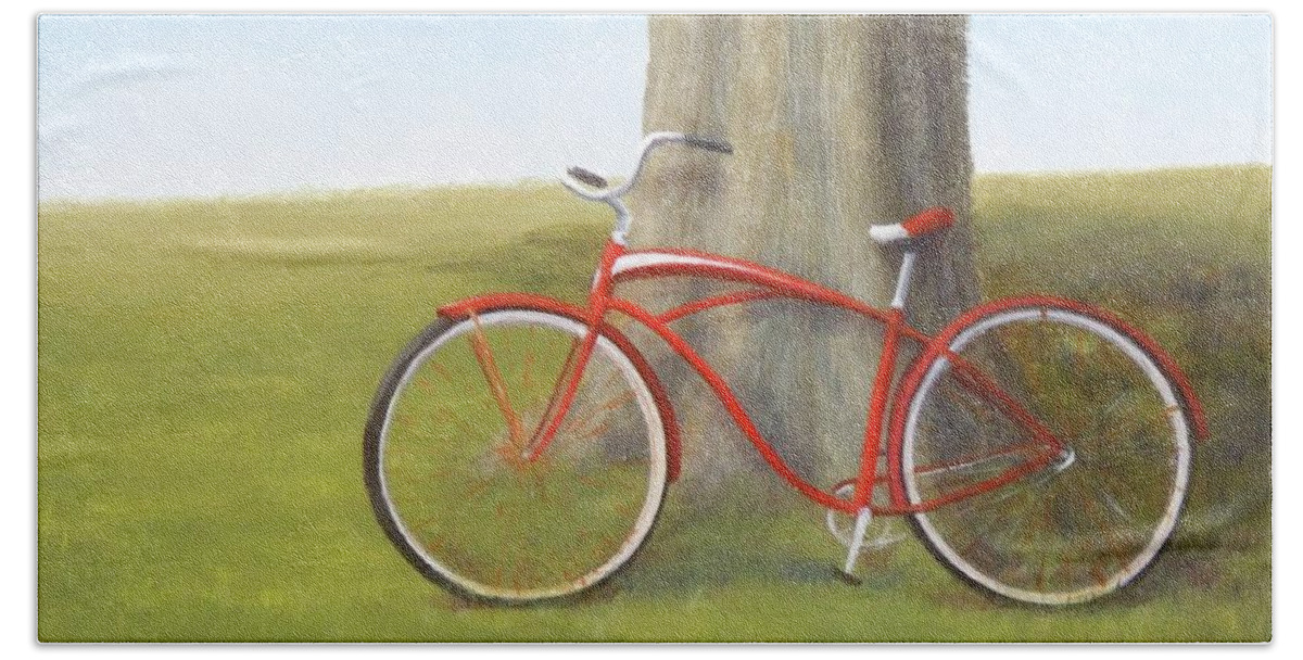 Red Bicycle Beach Towel featuring the painting Retired by Phyllis Andrews