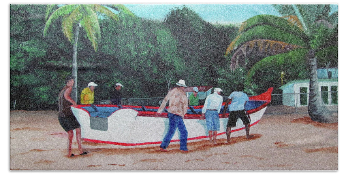 Yola Beach Towel featuring the painting Returning From Fishing by Luis F Rodriguez
