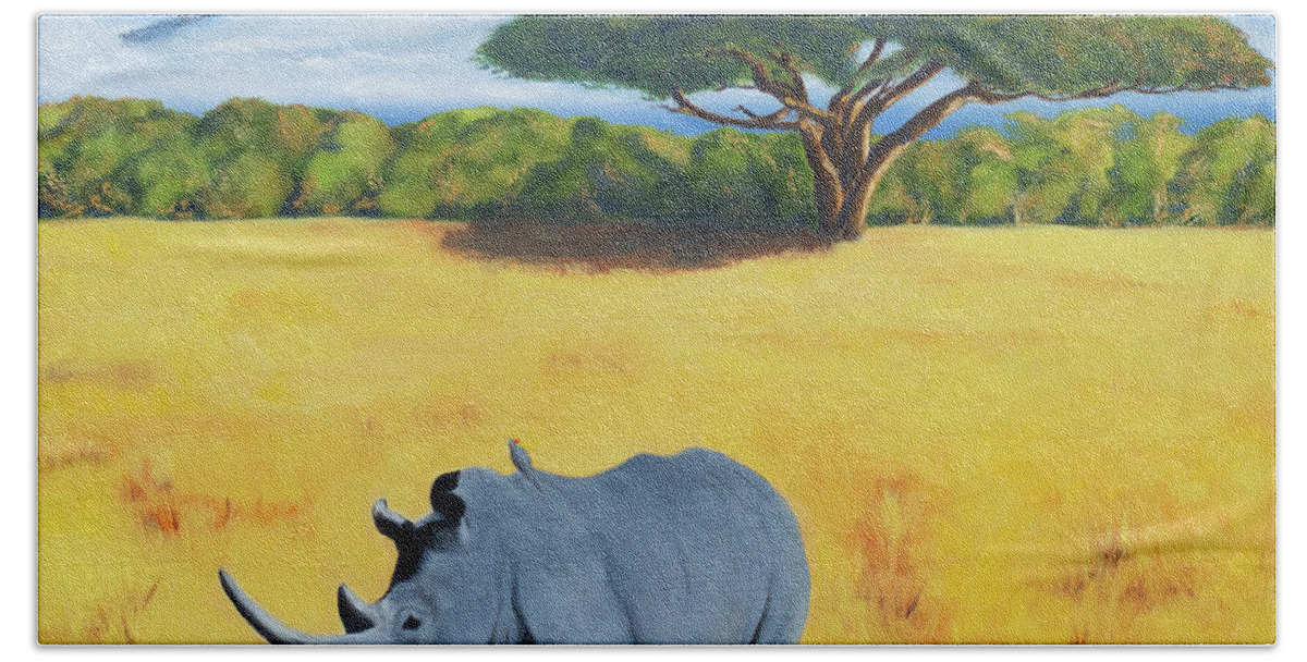Kilimanjaro Beach Towel featuring the painting Rhino and Kilimanjaro by Tracy Hutchinson