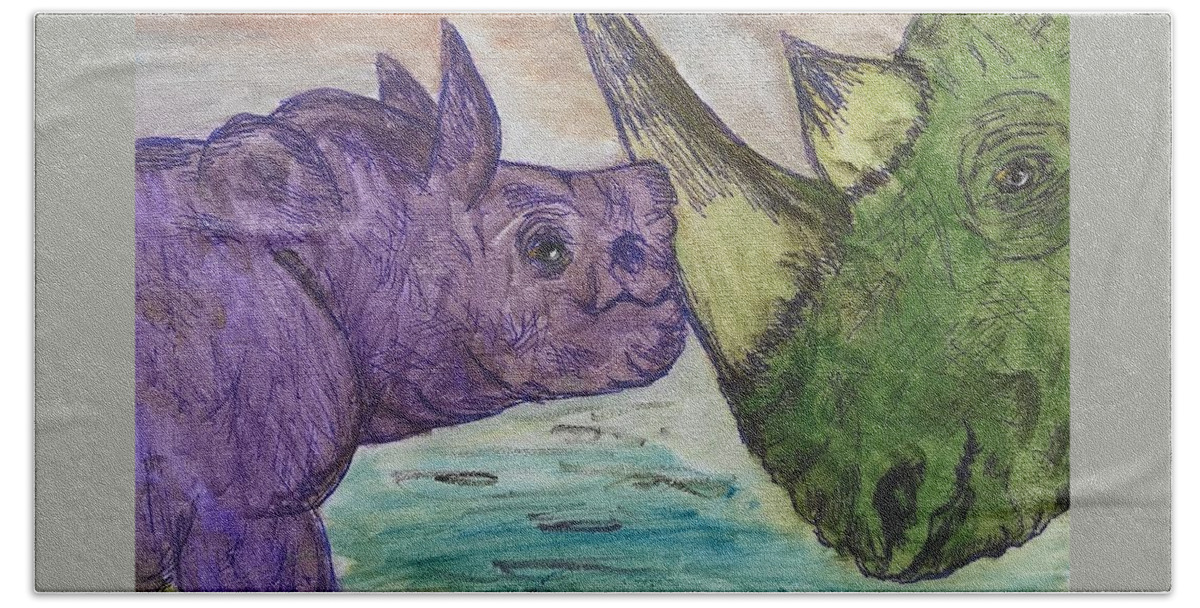 12 X 9 Beach Towel featuring the painting Rhinos by Lisa Koyle