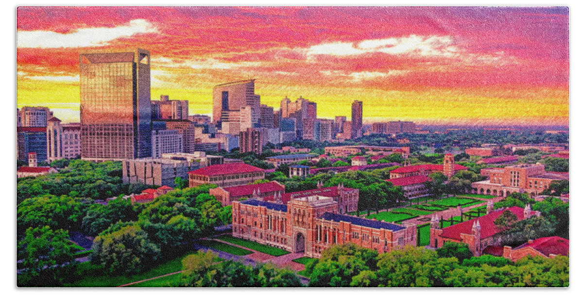 Rice University Beach Towel featuring the digital art Rice University campus with the Texas Medical Center seen in the distance at sunset, in Houston by Nicko Prints