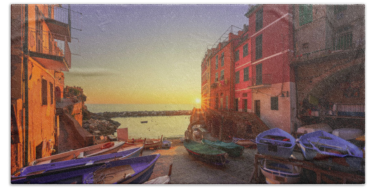 Riomaggiore Beach Towel featuring the photograph Riomaggiore, boats in the street at sunset. Cinque Terre by Stefano Orazzini