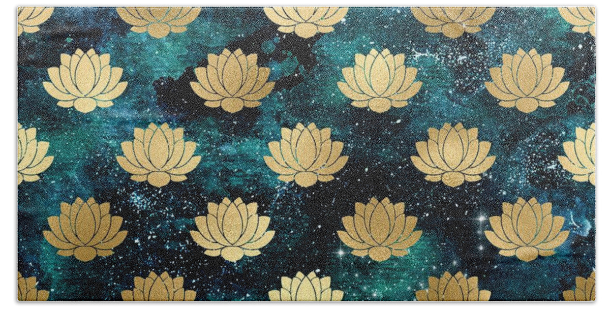 Watercolor Beach Towel featuring the digital art Rivala - Teal Gold Watercolor Lotus Galaxy Dharma Pattern by Sambel Pedes