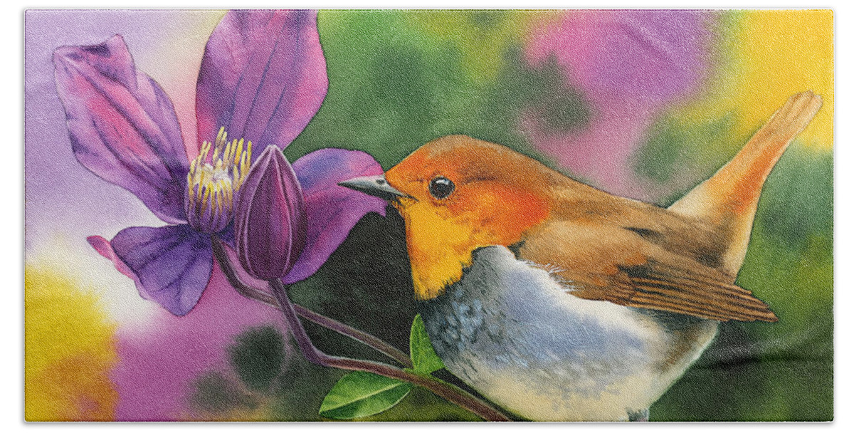 Robin Beach Towel featuring the painting Robin by Espero Art