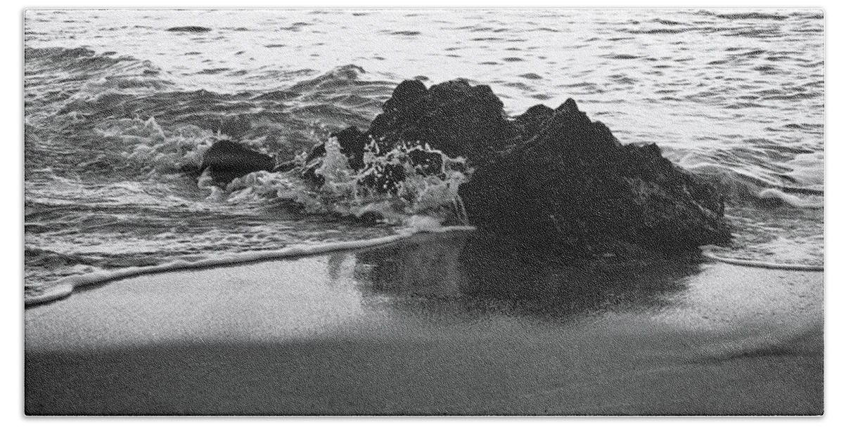 Be Like Water Beach Towel featuring the photograph Rock and Waves in Albandeira Beach. Monochrome by Angelo DeVal