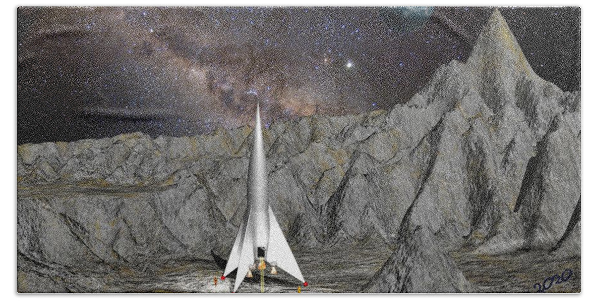 Vintage Digital Rocket Spaceship Scifi Exploration Beach Towel featuring the digital art Rocket Ship by Bob Shimer