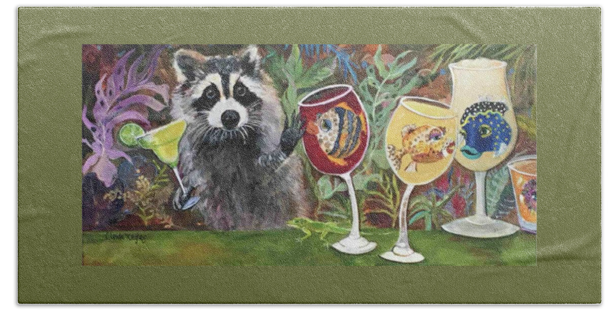 Raccoon Beach Towel featuring the painting Rocky and his BestFINS by Linda Kegley
