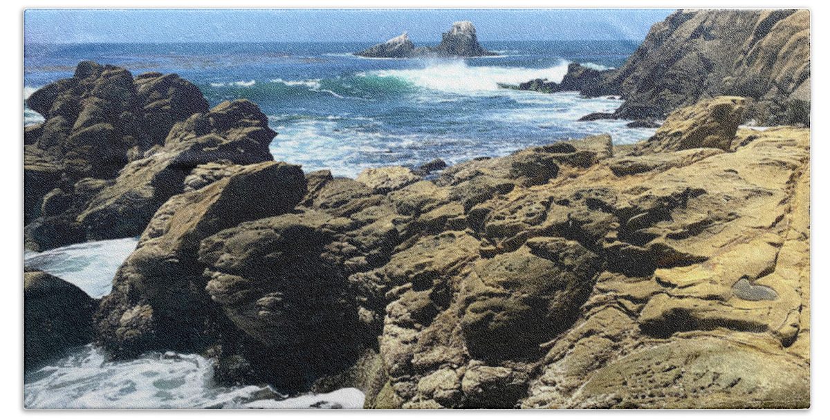 Waves Beach Towel featuring the photograph Rocky Shoreline with Crashing Waves by Katherine Erickson