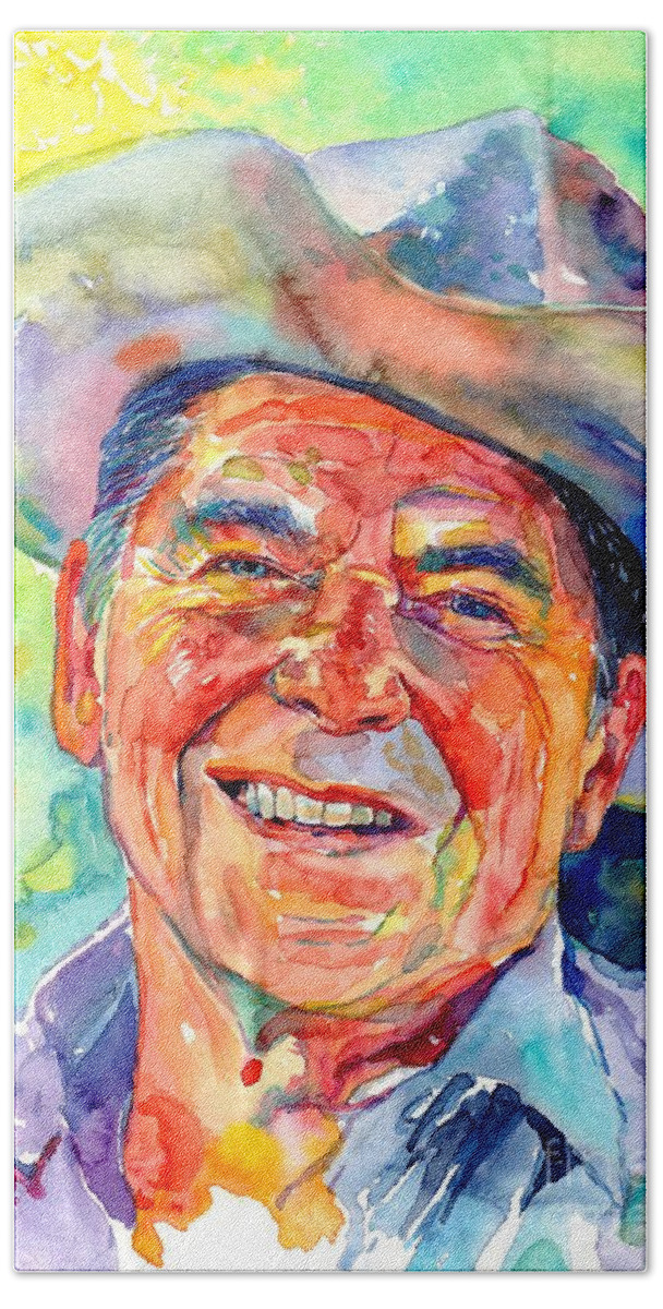 Ronald Beach Towel featuring the painting Ronal Reagan In A Hat by Suzann Sines