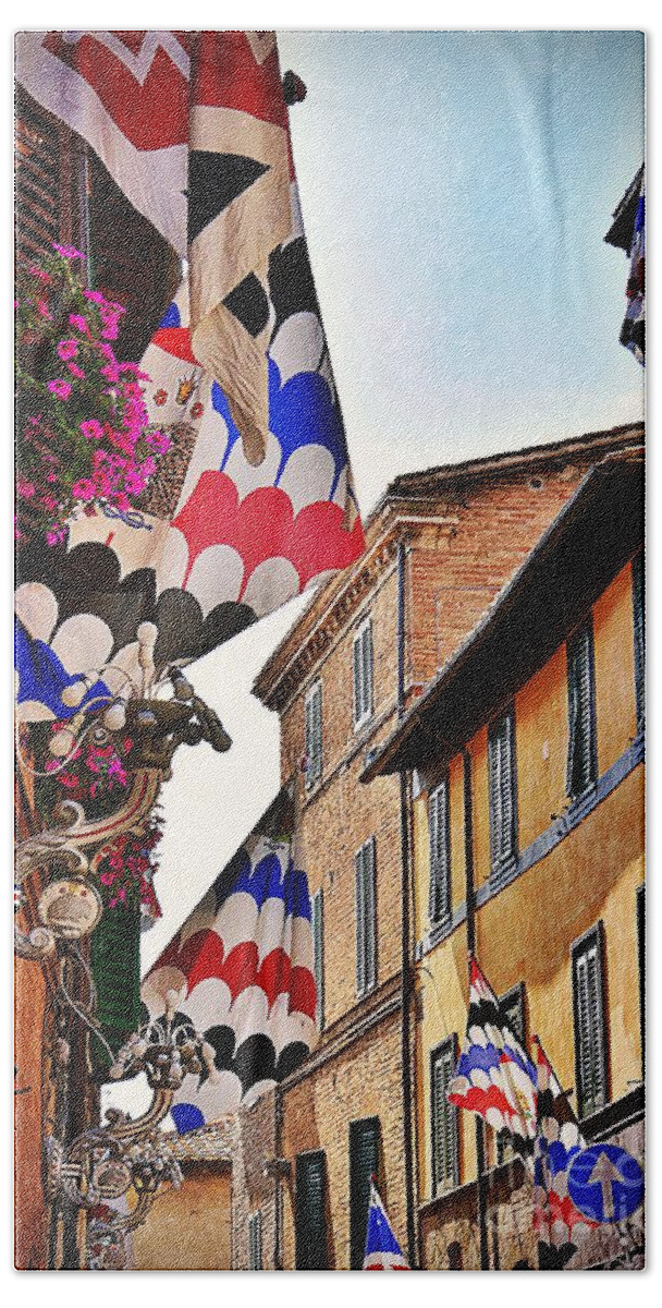 Siena Beach Towel featuring the photograph Roofs and Flags in Siena by Ramona Matei