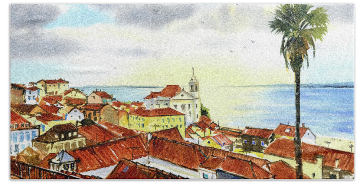 Portugal Beach Towel featuring the painting Rooftops of Alfama in Lisbon by Dora Hathazi Mendes