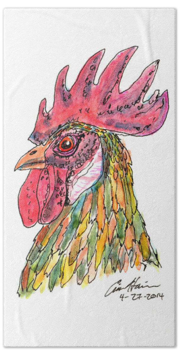 Rooster Beach Towel featuring the drawing Rooster by Eric Haines