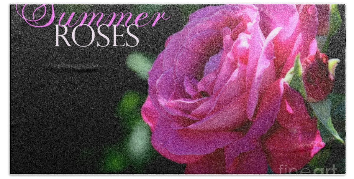 Flowers Beach Towel featuring the photograph Rose garden Summer deep pink rose against a dark green garden se by Milleflore Images