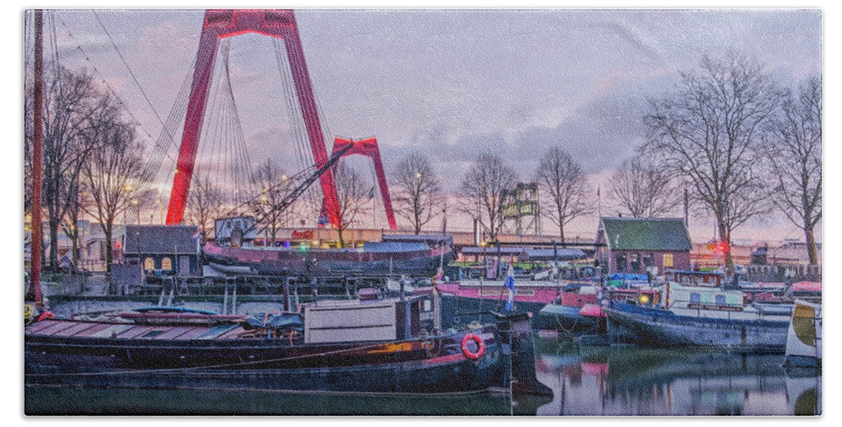 Rotterdam Beach Towel featuring the photograph Rotterdam, Old Harbor and Willems Bridge by Frans Blok